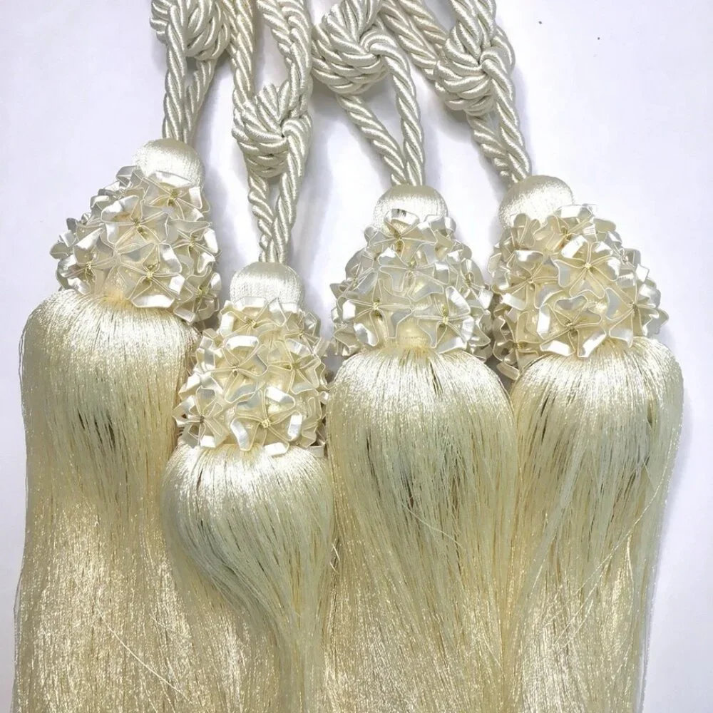 4 Large Drapery Curtain Tiebacks 11”Tassel 16”Rope Ivory Victorian Fairy Whimsy